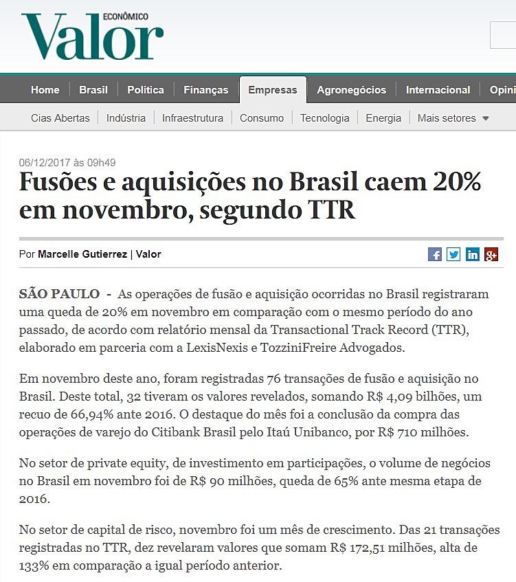 Fuses e aquisies no Brasil caem 20% em novembro, segundo TTR